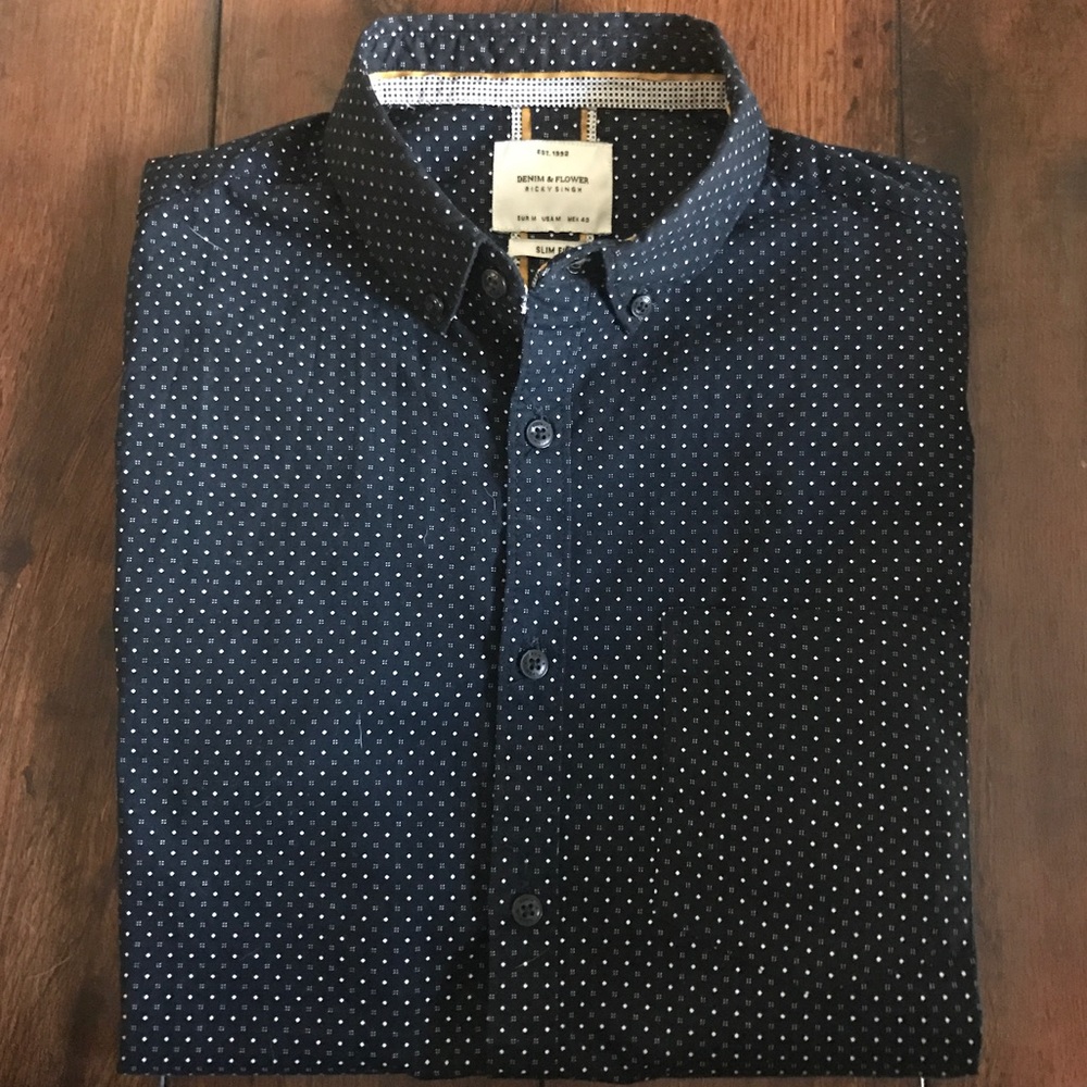 Dark Navy Blue Button up. (White diamonds)